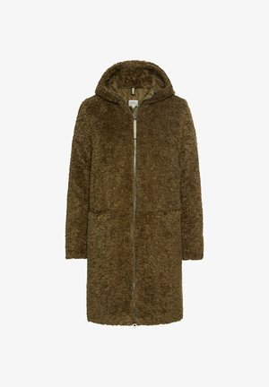 Brauner, kapuzenähnlicher Mantel aus strukturiertem, plüschigem Stoff. Verfügt über einen durchgehenden Reißverschluss und seitliche Taschen, die einen lockeren, entspannten Sitz bieten.