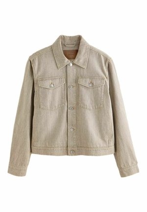 Giacca di jeans beige con colletto classico, chiusura frontale con bottoni, maniche lunghe e due tasche a toppa sul petto con pattina e bottone.