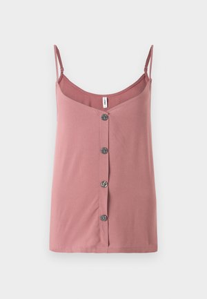 Ružový top bez rukávov z hladkej tkaniny s nastaviteľnými ramienkami, so zapínaním na gombíky vpredu a voľným strihom. Ideálny na teplé počasie.