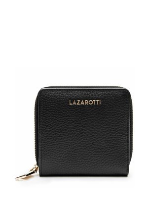 Cartera de cuero negro texturizado con cremallera dorada y nombre de la marca LAZAROTTI en relieve dorado en el centro delantero.