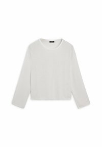 Haut en tricot blanc à manches longues avec un col rond, design court et texture subtile, sans matériel ou accents visibles.