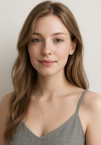 Collier en argent avec un petit pendentif en forme de lettre cursive. Porté sur un débardeur gris, doté de fines bretelles et d'une texture lisse.