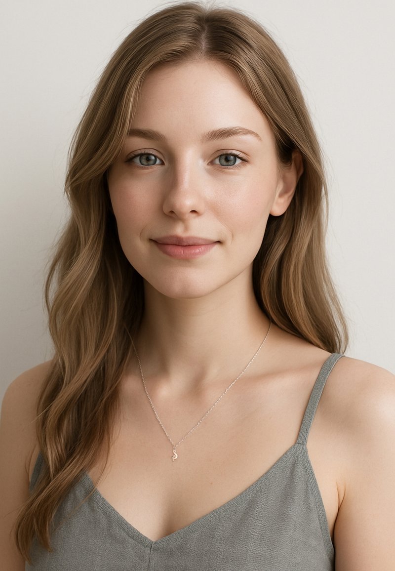 Collier en argent avec un petit pendentif en forme de lettre cursive. Porté sur un débardeur gris, doté de fines bretelles et d'une texture lisse.