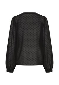 Zwarte doorschijnende blouse met pofmouwen, een stippenpatroon en een relaxed fit. De stof heeft een lichte, gestructureerde uitstraling.