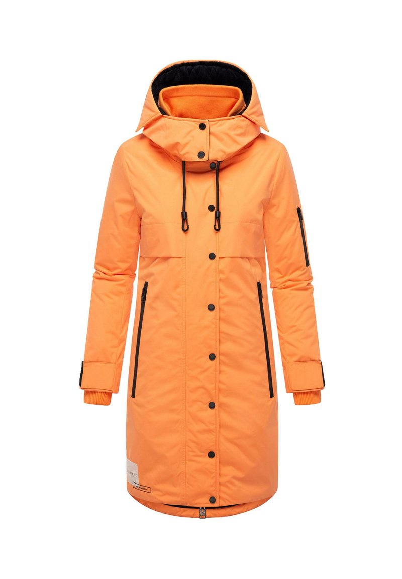 Orange isolerad jacka med huva, svarta detaljer, en framdragkedja och tryckknappar; har sidofickor och ribbade muddar.