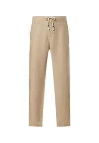 Pantaloni in lino beige con vestibilità rilassata, vita con cordino regolabile e dettagli blu a contrasto alle estremità del cordino.