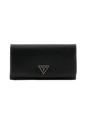 Porte-monnaie noir texturé avec un plaqué logo argenté en forme de triangle. Design rectangulaire compact avec une fermeture à rabat.