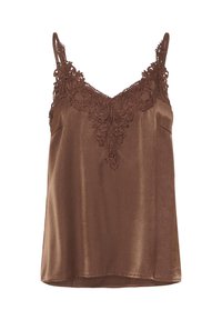 Camisole en satin marron avec des dentelles le long de l'encolure et des bretelles réglables. Le tissu a une texture lisse et légèrement brillante.