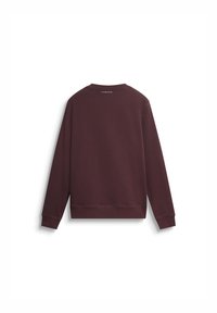 Sudadera burdeos hecha de material suave, con mangas largas, cuello redondo, puños acanalados y un logo impreso en la parte posterior del cuello.