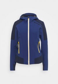 Veste bleu marine à la coupe ajustée, dotée d'une capuche, de fermetures éclair jaunes et de deux poches avant zippées. Fabriquée dans un matériau lisse.