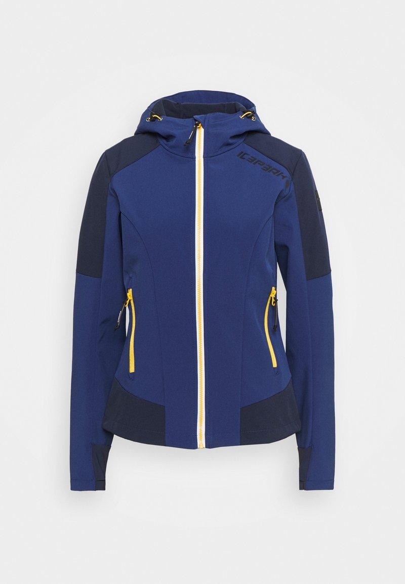 Veste bleu marine à la coupe ajustée, dotée d'une capuche, de fermetures éclair jaunes et de deux poches avant zippées. Fabriquée dans un matériau lisse.