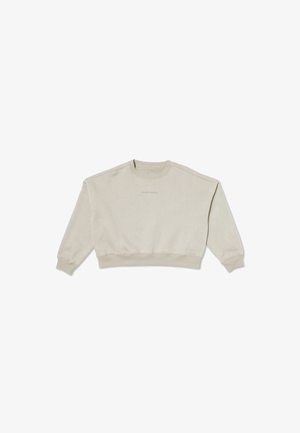 Sudadera beige recortada con mangas largas, puños acanalados, cuello redondo y un sutil logo de la marca en el pecho.