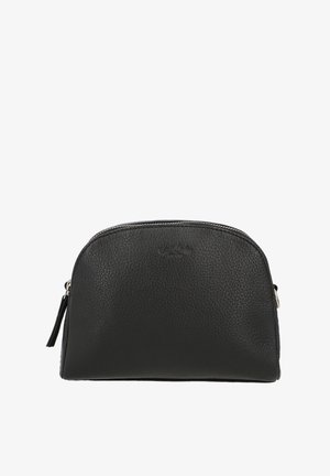 Melnas ādas maisiņš ar strukturētu virsmu, noapaļotu formu, ar rāvējslēdzēja aizdari un sānu pušķi. Priekšpusē ir smalka zīmola identifikācija.