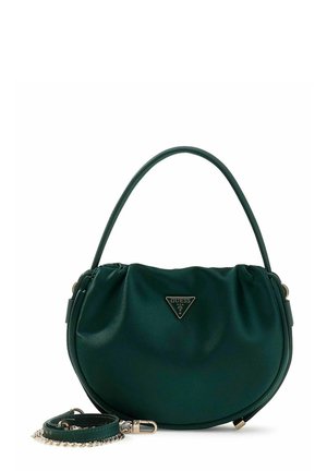 Sac à main en similicuir vert de forme arrondie, design plissé, plaque logo en métal et bandoulière chaîne amovible.