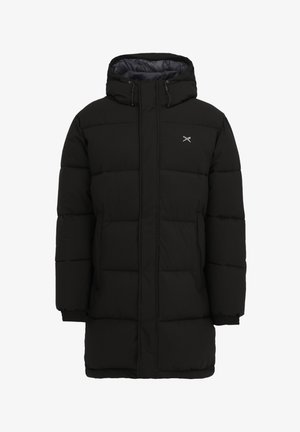 Schwarzer, langer, gepolsterter Wintermantel mit Kapuze, elastischen Bündchen, zwei Seitentaschen und kleinem weißen Logo auf der Brust.