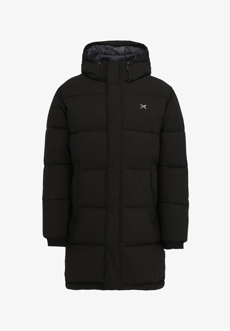 Schwarzer, langer, gepolsterter Wintermantel mit Kapuze, elastischen Bündchen, zwei Seitentaschen und kleinem weißen Logo auf der Brust.