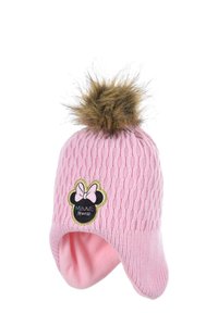 Cappello di lana rosa con un motivo testurizzato, dotato di un pom-pom in pelliccia ecologica marrone e di una toppa di Minnie Mouse sul lato.