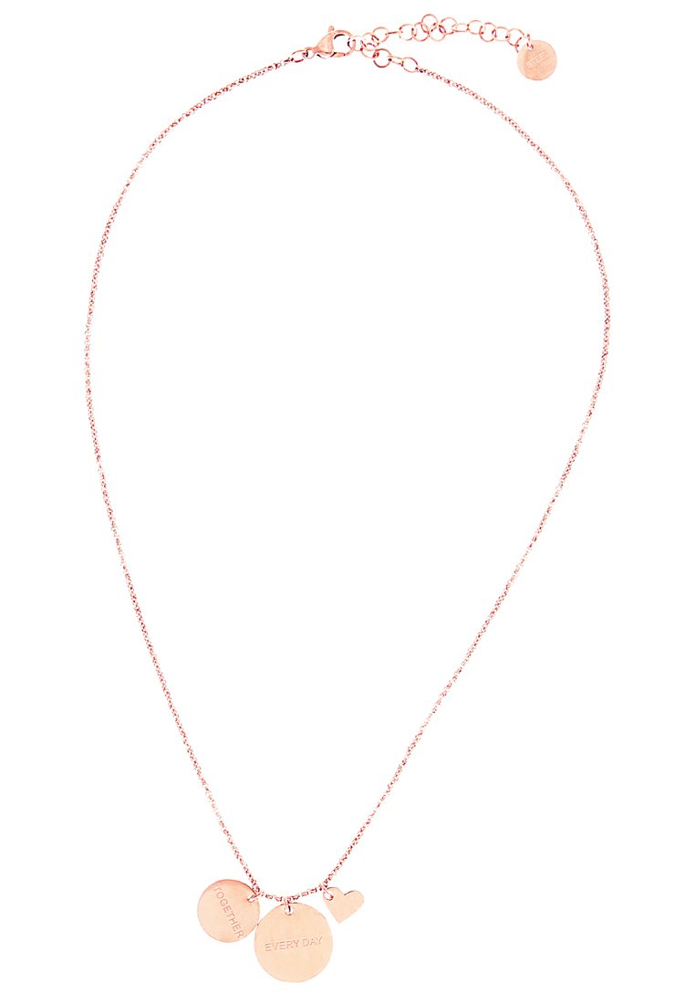 Halskette aus Roségold mit einer zarten Kette, die drei runde Anhänger trägt, die mit den Worten "ZUSAMMEN", "JEDEN TAG" und einem Herzen graviert sind.