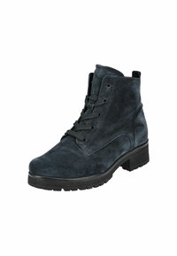 Bottine en suede bleu foncé avec un bout rond, un laçage à l'avant et une semelle en caoutchouc texturée. Elle présente un petit talon et une languette.