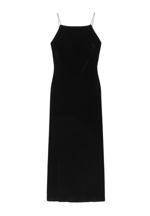 Black velvet maxi dress with spaghetti straps, featuring a fitted bodice and a flowing silhouette, with a smooth texture and no visible patterns.