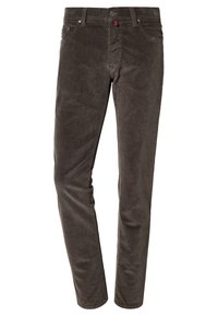 Kraftiga bruna kordbyxor med rak bendesign, texturerad tyg, femfickor och en kontrasterande röd accent i midjan.