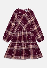 Abito a quadri bordeaux con maniche lunghe, caratterizzato da motivi a stelle argentati, scollo tondo e design a balze. Tessuto simile al cotone.