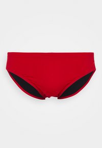 Bas de bikini rouge avec des accents noirs, présentant une texture lisse et une forme classique conçue pour le confort et le soutien.