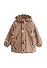 Veste imperméable marron avec un motif de chien, dotée d'une capuche, de poignets élastiques et d'un accent réfléchissant sur la manche. Doublure intérieure douce.