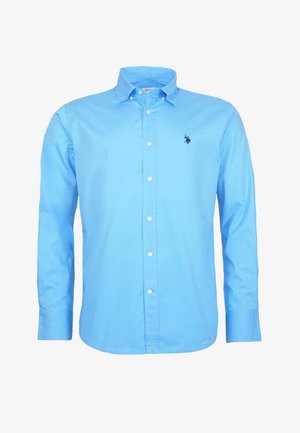 Világoskék, hosszú ujjú, gombos ing pamutból, klasszikus gallérral, elöl gombolással, és egy kis hímezett logóval a mellrészen.