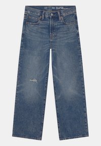 Blauwe wijde jeans met lichte slijtage op de linker dij, vijf-pocket ontwerp en knoopsluiting, maat 10, losse stijl uit de jaren 90.
