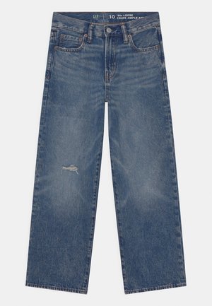 Jean large bleu avec des déchirures légères sur la cuisse gauche, design à cinq poches et fermeture à bouton, taille étiquetée 10, style ample des années 90.