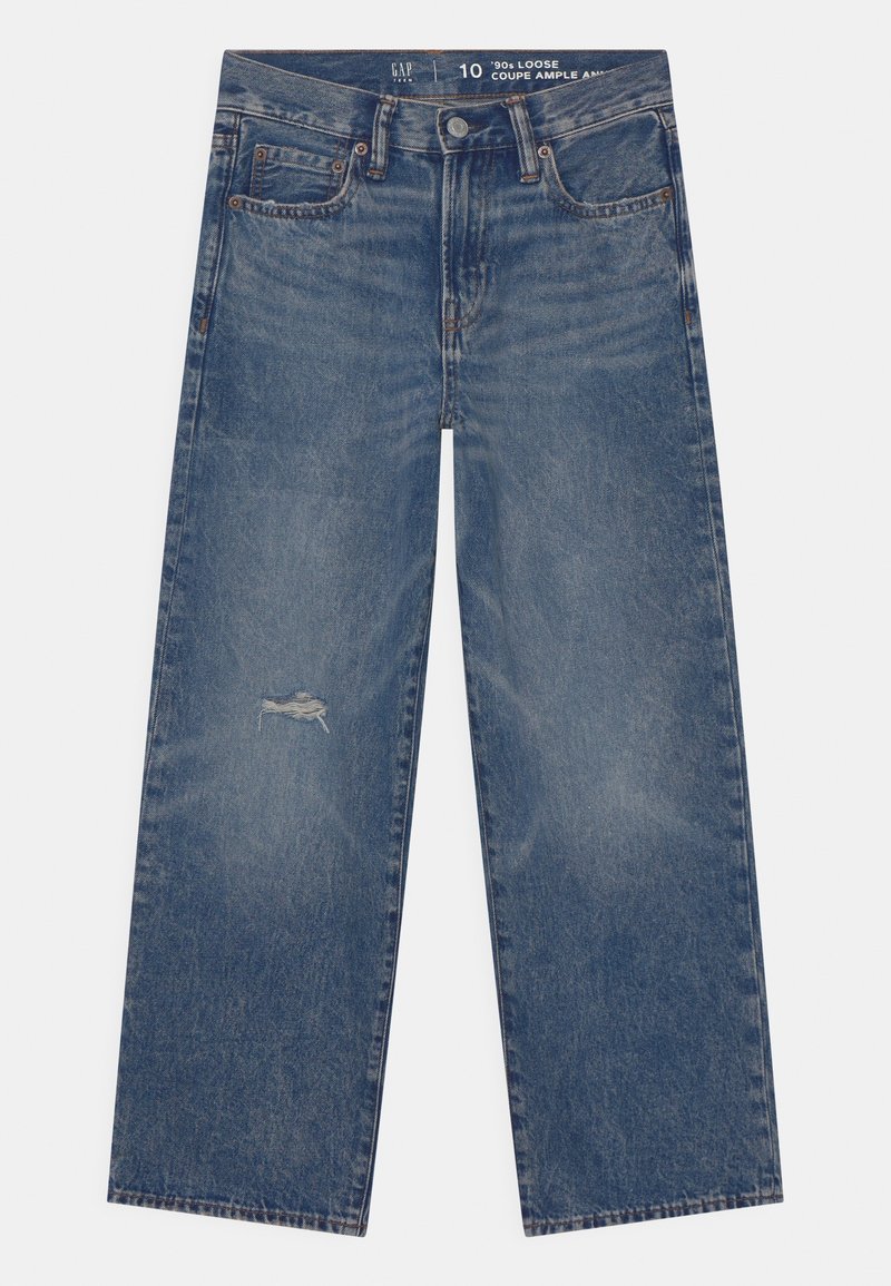 Blauwe wijde jeans met lichte slijtage op de linker dij, vijf-pocket ontwerp en knoopsluiting, maat 10, losse stijl uit de jaren 90.