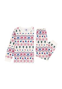 Set di pigiama in cotone a due pezzi con un colorato motivo invernale che presenta stelle, alberi e fiocchi di neve su uno sfondo crema. Maniche lunghe e polsini a coste.