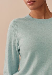 Lichtblauwe trui gemaakt van zachte stof, met een ronde hals en subtiele ribbels langs de schoudernaden. Gladde textuur en aansluitend ontwerp.