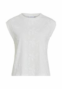 Top blanco de manga corta con escote redondeado, que presenta patrones de bordado floral y un corte relajado. Material de algodón suave.