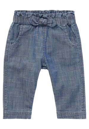 Spodnie dżinsowe z falbanką przy pasie ozdobioną kokardą, w jasnoniebieskim kolorze, dwie boczne kieszenie oraz prosty krój nogawek.