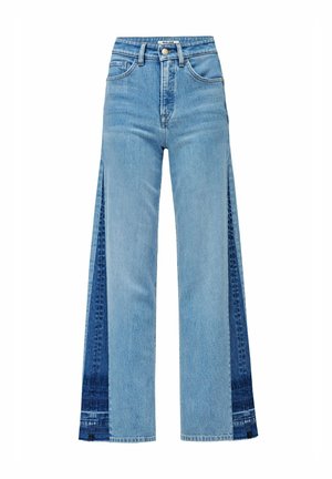 Jean en denim à jambes larges, en tissu bleu clair avec des panneaux latéraux bleu foncé. Comprend une taille haute et un design classique à cinq poches.