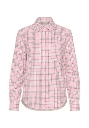 Pink checkered button-up shirt with long sleeves, featuring a pocket, rounded hem, and contrasting black and white grid pattern.