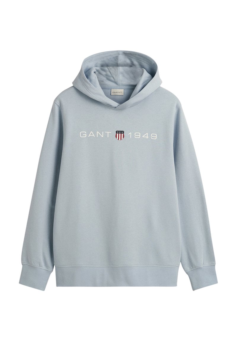 Felpa leggera blu in cotone misto. Presenta una tasca a marsupio, polsini a coste e il logo ricamato 'GANT 1949' con uno scudo.