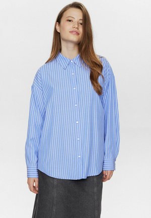 Blue striped button-up shirt with long sleeves, featuring a collar and cuffs. The shirt has a loose fit and smooth texture.