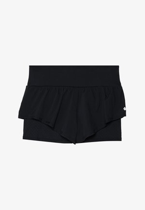 Black athletic shorts with a layered ruffle design. The outer layer is smooth, while the inner has a textured, perforated fabric.