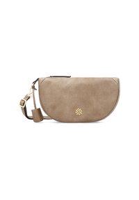 Textured taupe leather clutch with a gold logo accent, curved silhouette, zip closure, and detachable shoulder strap.