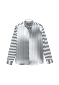 Langarm overhemd met verticale witte en grijze strepen, een bandkraag en een knoopmanchet.