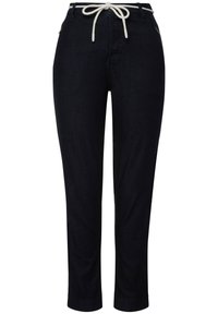 Pantaloni in denim scuro con vita regolabile, caratterizzati da una texture liscia, una vestibilità slim e due tasche frontali. Il tessuto ha una leggera lucentezza.