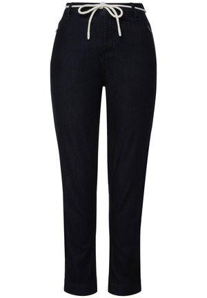 Pantaloni in denim scuro con vita regolabile, caratterizzati da una texture liscia, una vestibilità slim e due tasche frontali. Il tessuto ha una leggera lucentezza.