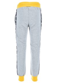Graue Jogginghose mit einem gelben Bund und Manschetten, ausgestattet mit Seitentaschen und schwarzen Akzenten entlang der Beine. Weicher Stoff.