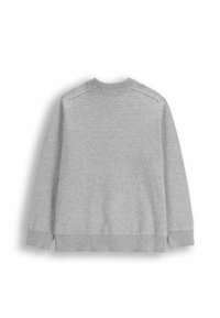 Szara bluza z okrągłym dekoltem, ściągaczami na mankietach i dole, miękka w dotyku, z szwami na ramionach. Widok od tyłu ukazuje prosty, pozbawiony ozdób fason.