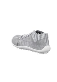 Gray mesh athletic shoe with a textured surface, elastic laces, and a white rubber sole featuring small traction nubs.