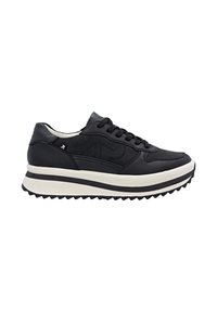 Black sneaker with smooth leather upper, round toe, and lace-up design. Features a thick white midsole and textured rubber outsole with black accents.