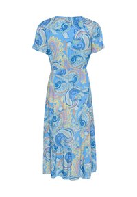 Sininen paisley-kuvioitu mekko, jossa on lyhyet hihat, kerätty vyötärö ja liehuva hame. Valmistettu kevyestä kankaasta, jossa on vaaleita sävyjä.